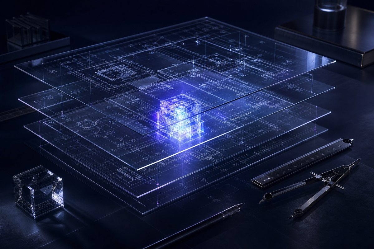Planos arquitectónicos de un sistema inteligente construidos en capas de cristal