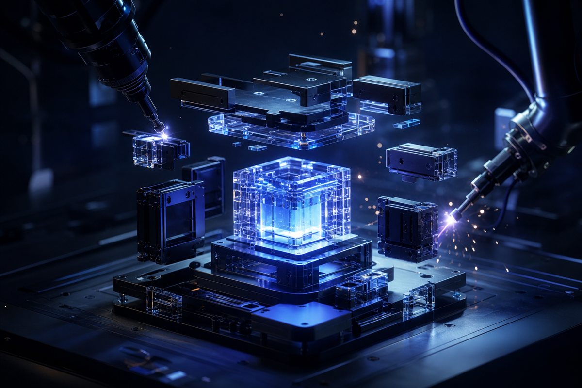 Prototipo de software modular ensamblándose alrededor de un núcleo luminoso